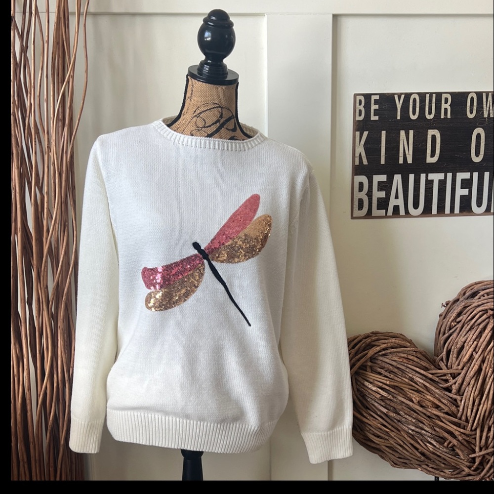 SHEIN White Sweater with Sequin Dragonfly Design